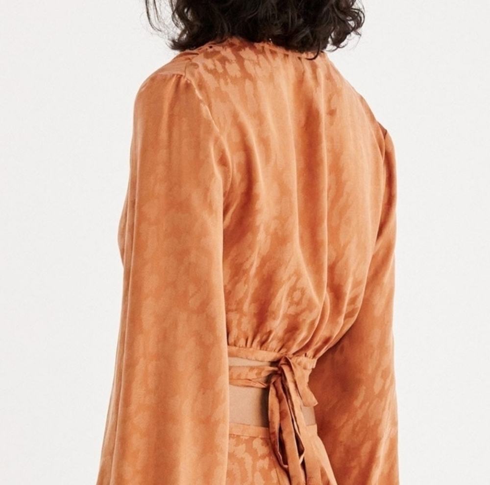 RUMER Kenya Animal Print Cheetah Long-Sleeve Wrap Crop Top, Burnt Orange, S - Picture 7 of 11